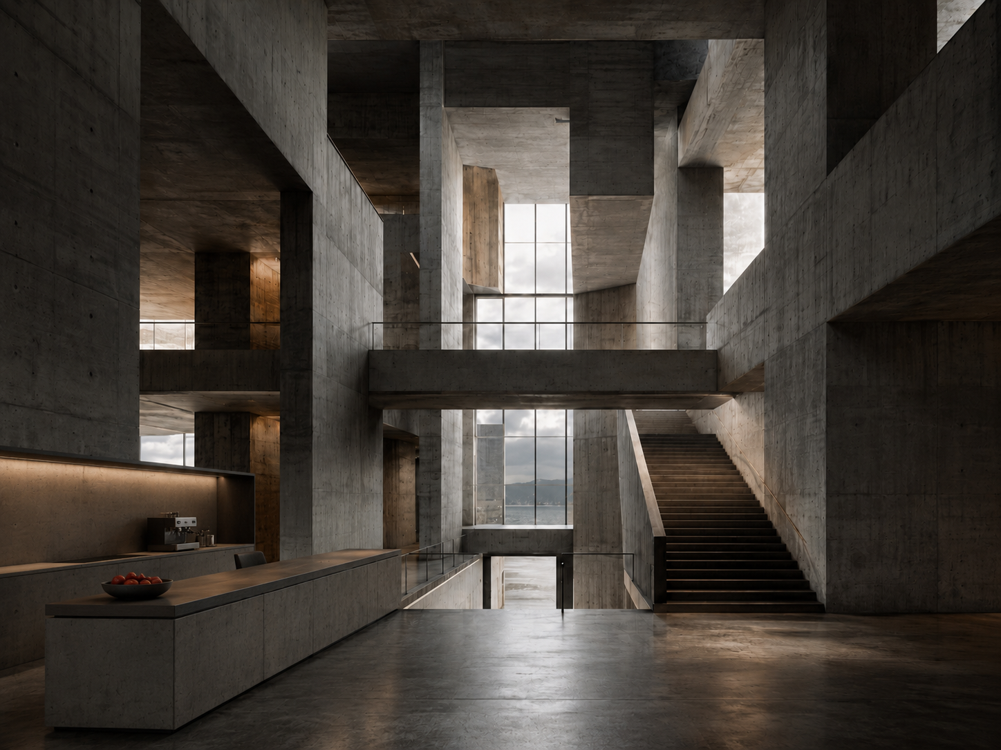 Warmly lit concrete interior passage
