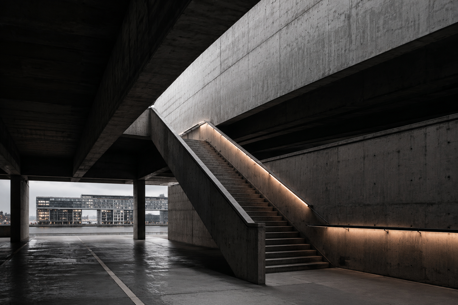 Concrete underpass with an illuminated staircase